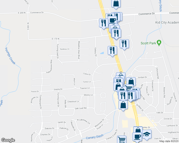 map of restaurants, bars, coffee shops, grocery stores, and more near 1983 Falcon Court in Franklin