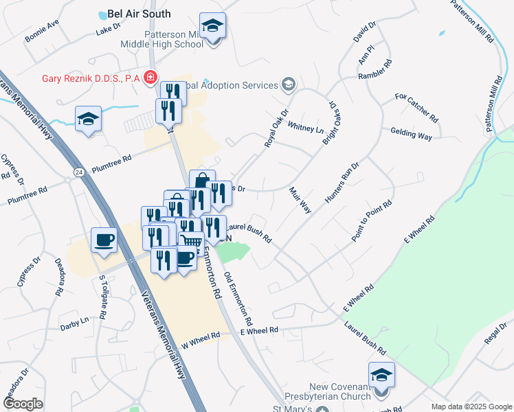 map of restaurants, bars, coffee shops, grocery stores, and more near 2107 Cameron Court in Bel Air