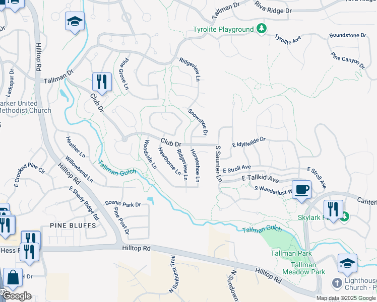 map of restaurants, bars, coffee shops, grocery stores, and more near 11945 Horseshoe Lane in Parker