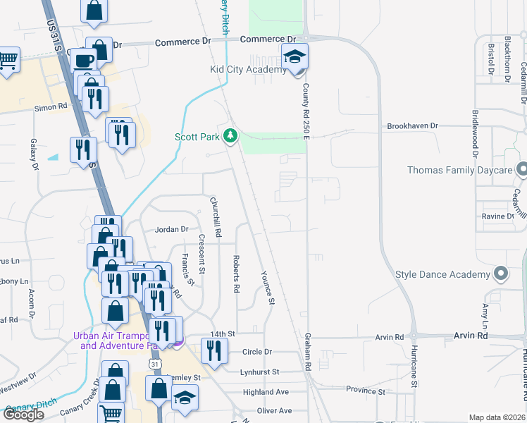 map of restaurants, bars, coffee shops, grocery stores, and more near 98 Bryant Court in Franklin