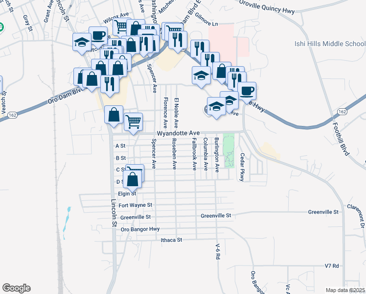map of restaurants, bars, coffee shops, grocery stores, and more near 2479 A Street in Oroville