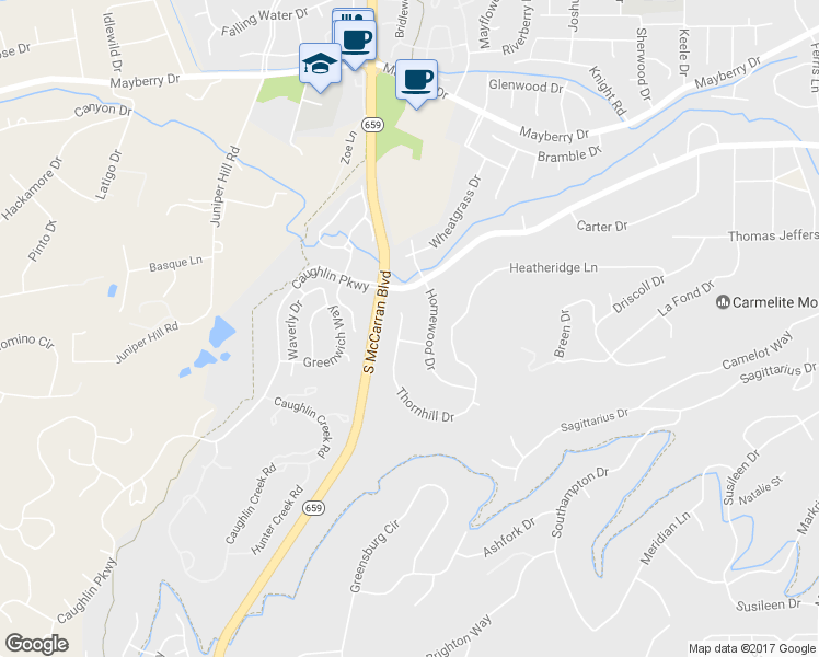 map of restaurants, bars, coffee shops, grocery stores, and more near 3435 Thornhill Court in Reno