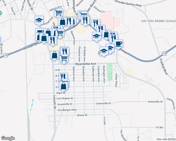 map of restaurants, bars, coffee shops, grocery stores, and more near 2479 A Street in Oroville