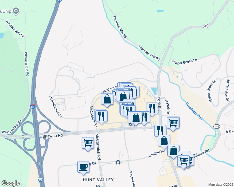 map of restaurants, bars, coffee shops, grocery stores, and more near 11511 McCormick Road in Cockeysville