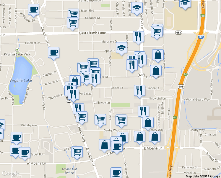 map of restaurants, bars, coffee shops, grocery stores, and more near in Reno