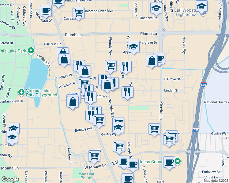 map of restaurants, bars, coffee shops, grocery stores, and more near 2630 Wrondel Way in Reno