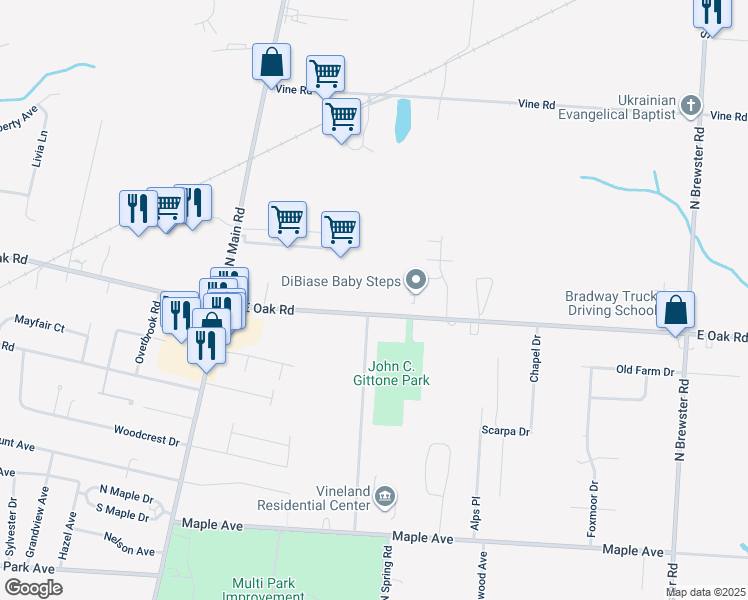 map of restaurants, bars, coffee shops, grocery stores, and more near 1964 East Oak Road in Vineland