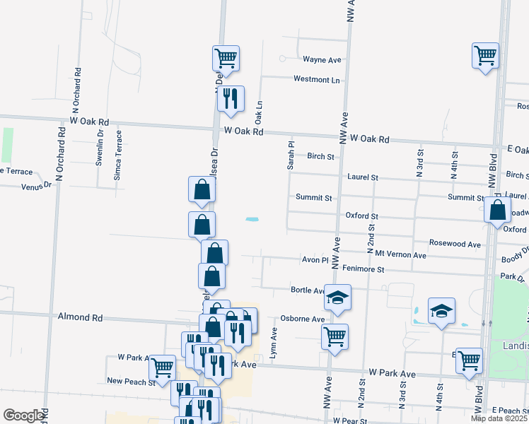 map of restaurants, bars, coffee shops, grocery stores, and more near 560 Sarah Place in Vineland