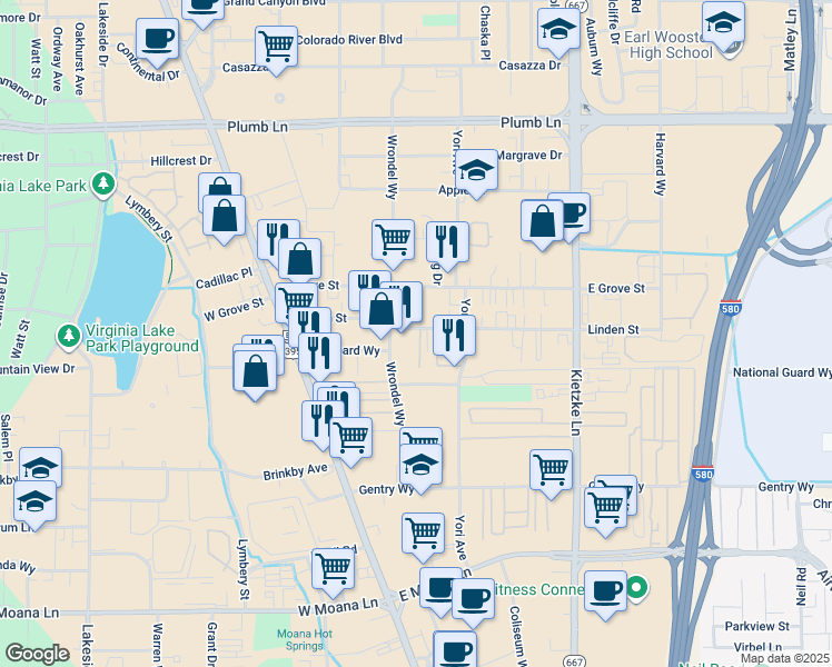 map of restaurants, bars, coffee shops, grocery stores, and more near 2630 Wrondel Way in Reno