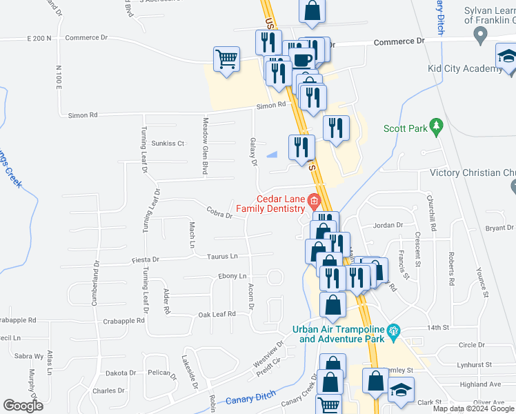 map of restaurants, bars, coffee shops, grocery stores, and more near 1088 Fairlane Court in Franklin