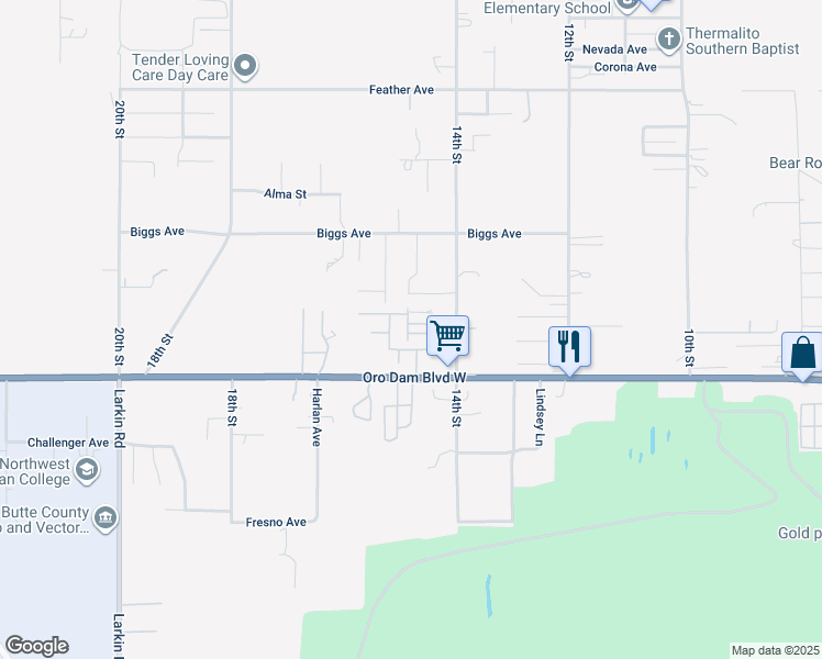 map of restaurants, bars, coffee shops, grocery stores, and more near 1047 14th Street in Oroville