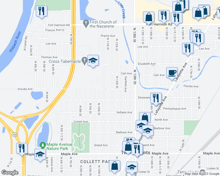 map of restaurants, bars, coffee shops, grocery stores, and more near 2701 North 11th Street in Terre Haute