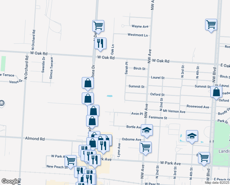 map of restaurants, bars, coffee shops, grocery stores, and more near 560 Sarah Place in Vineland