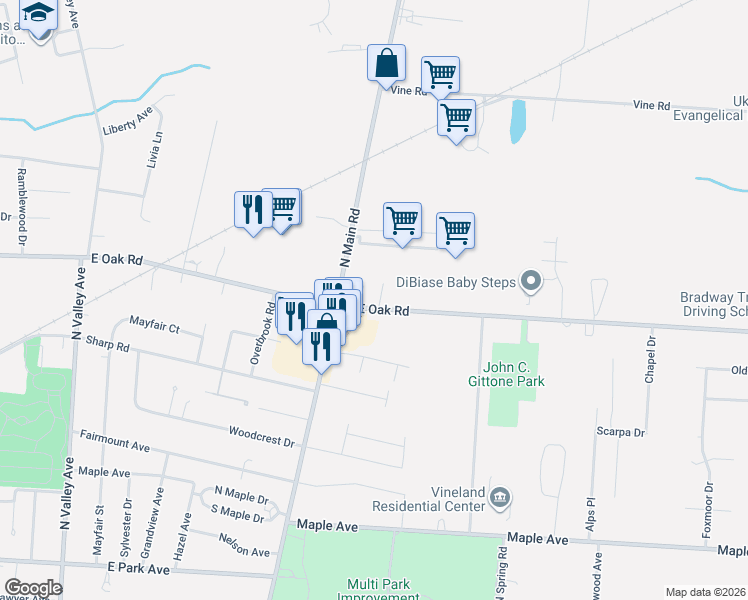 map of restaurants, bars, coffee shops, grocery stores, and more near 1680 East Oak Road in Vineland