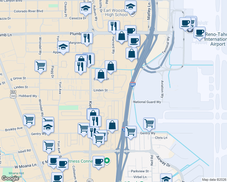 map of restaurants, bars, coffee shops, grocery stores, and more near 2300 Harvard Way in Reno