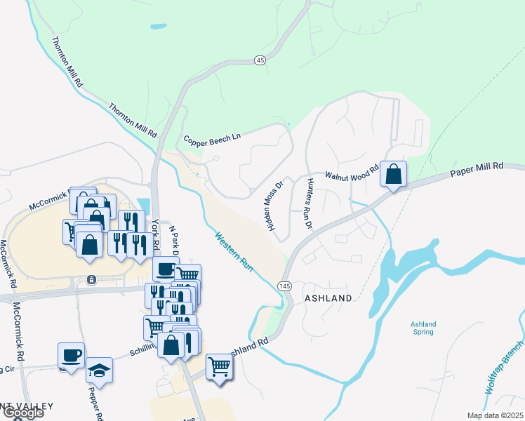 map of restaurants, bars, coffee shops, grocery stores, and more near 1002 Hidden Moss Drive in Cockeysville