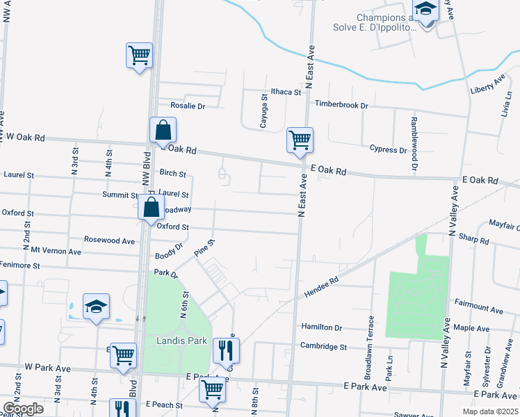 map of restaurants, bars, coffee shops, grocery stores, and more near 732 Broadway in Vineland