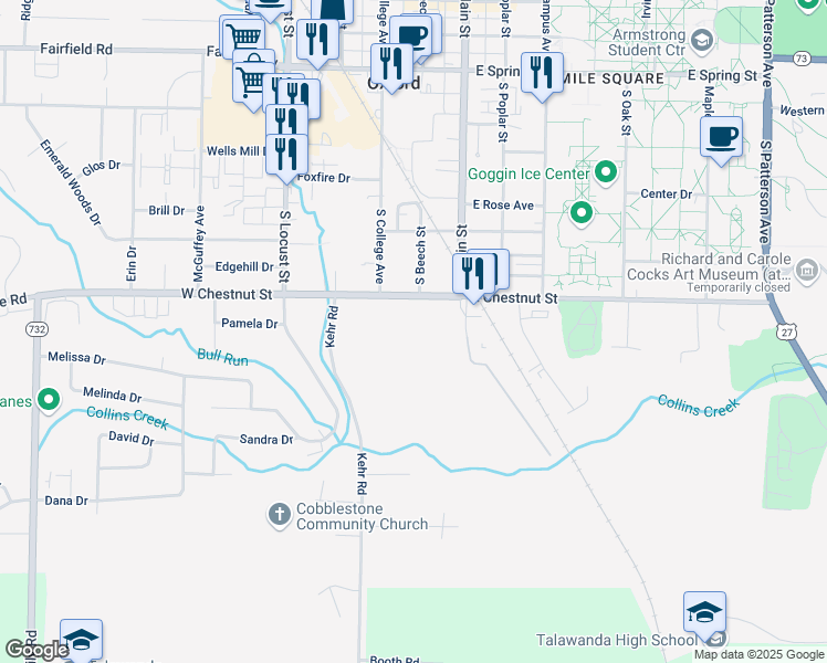 map of restaurants, bars, coffee shops, grocery stores, and more near 101 West Chestnut Street in Oxford