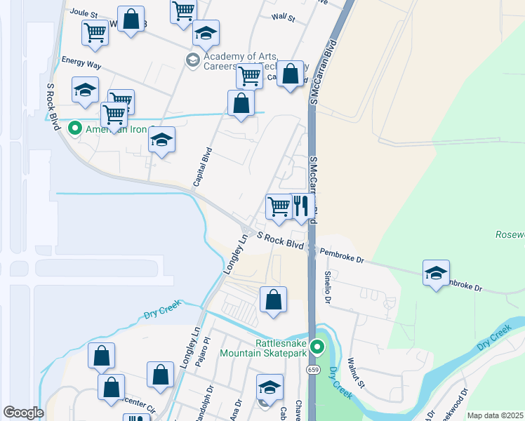 map of restaurants, bars, coffee shops, grocery stores, and more near 2185 Ascot Lane in Reno