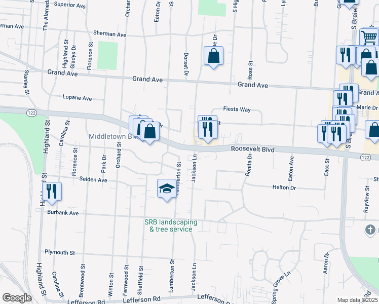map of restaurants, bars, coffee shops, grocery stores, and more near 3328 Roosevelt Boulevard in Middletown