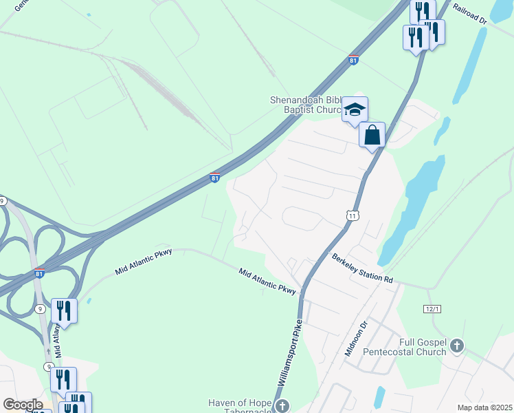 map of restaurants, bars, coffee shops, grocery stores, and more near Metro Drive in Martinsburg