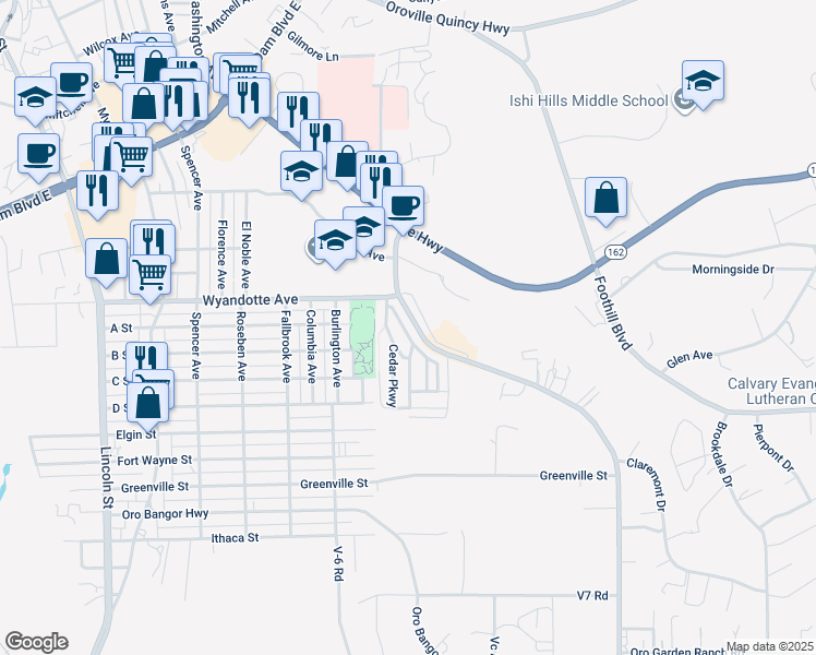 map of restaurants, bars, coffee shops, grocery stores, and more near 127 Sycamore Parkway in Oroville
