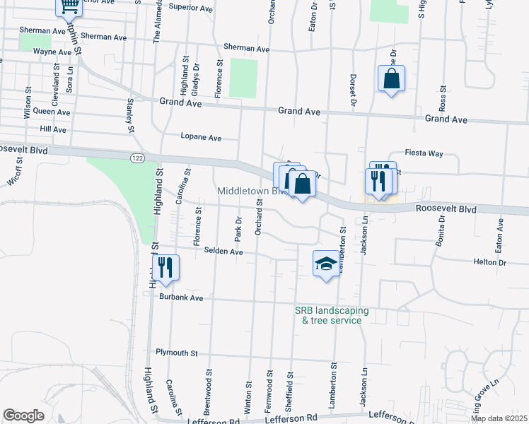 map of restaurants, bars, coffee shops, grocery stores, and more near 1401 Orchard Street in Middletown
