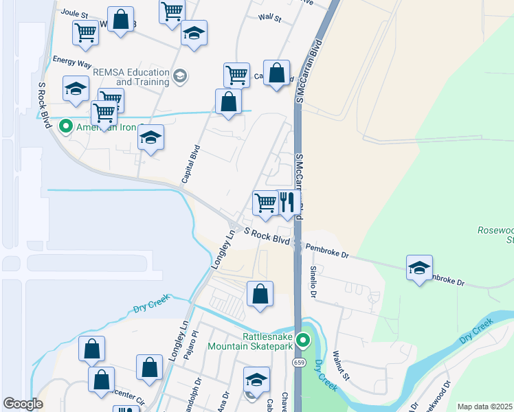 map of restaurants, bars, coffee shops, grocery stores, and more near 2185 Ascot Lane in Reno