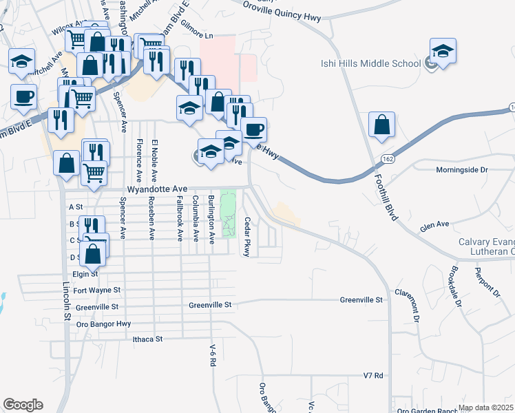 map of restaurants, bars, coffee shops, grocery stores, and more near 127 Sycamore Parkway in Oroville