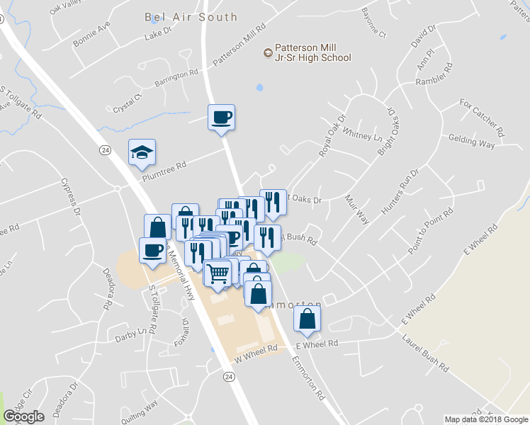 map of restaurants, bars, coffee shops, grocery stores, and more near 19 Oak Crest Court in Bel Air
