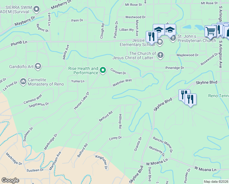 map of restaurants, bars, coffee shops, grocery stores, and more near 2390 Barnes Circle in Reno