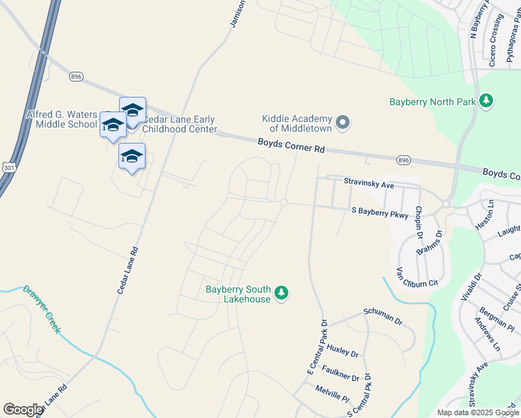 map of restaurants, bars, coffee shops, grocery stores, and more near 5603 South Bayberry Parkway in Middletown