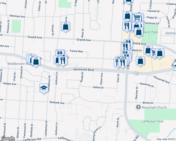 map of restaurants, bars, coffee shops, grocery stores, and more near 3944 Roosevelt Boulevard in Middletown