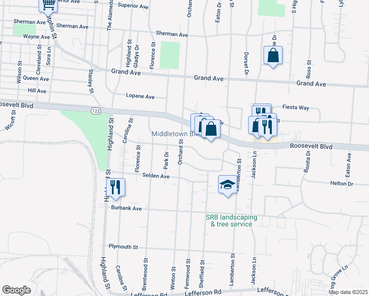 map of restaurants, bars, coffee shops, grocery stores, and more near 1401 Orchard Street in Middletown