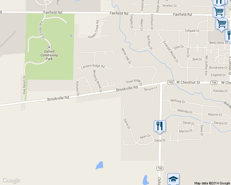 map of restaurants, bars, coffee shops, grocery stores, and more near 6405 Brookville Rd in Oxford