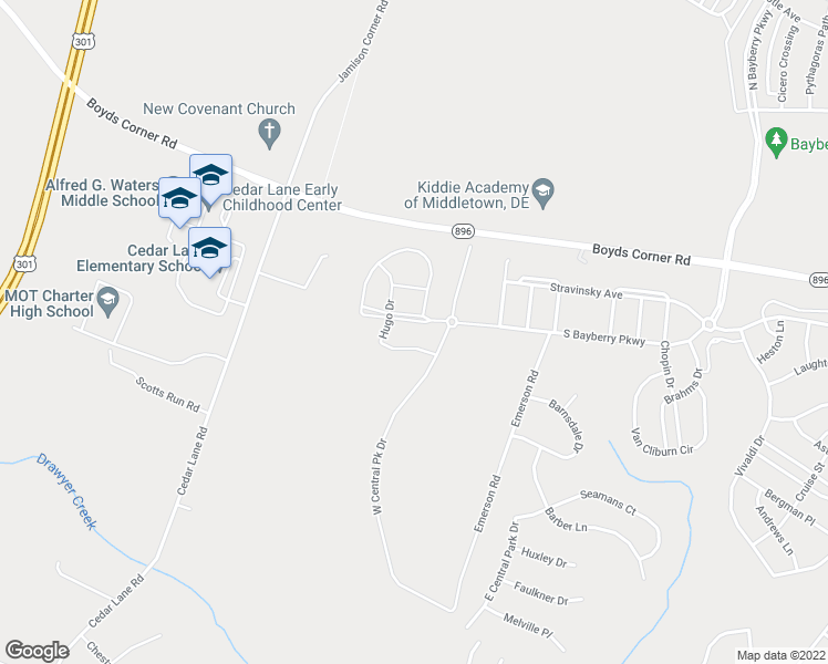 map of restaurants, bars, coffee shops, grocery stores, and more near 5603 South Bayberry Parkway in Middletown