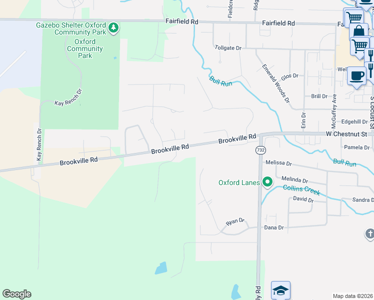 map of restaurants, bars, coffee shops, grocery stores, and more near 6405 Brookville Road in Oxford