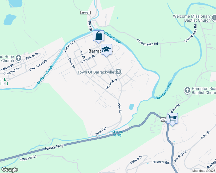 map of restaurants, bars, coffee shops, grocery stores, and more near Bryan Ave in Barrackville