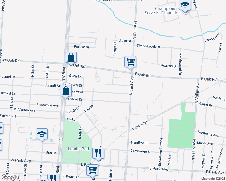 map of restaurants, bars, coffee shops, grocery stores, and more near 732 Broadway in Vineland