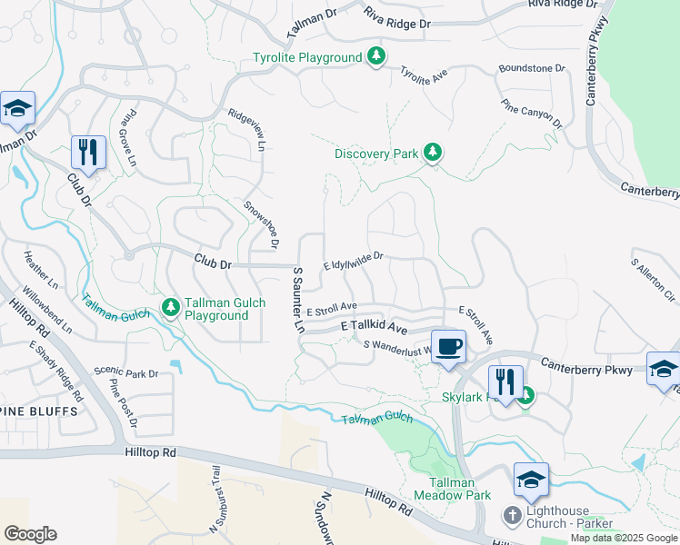 map of restaurants, bars, coffee shops, grocery stores, and more near 21516 East Idyllwilde Drive in Parker