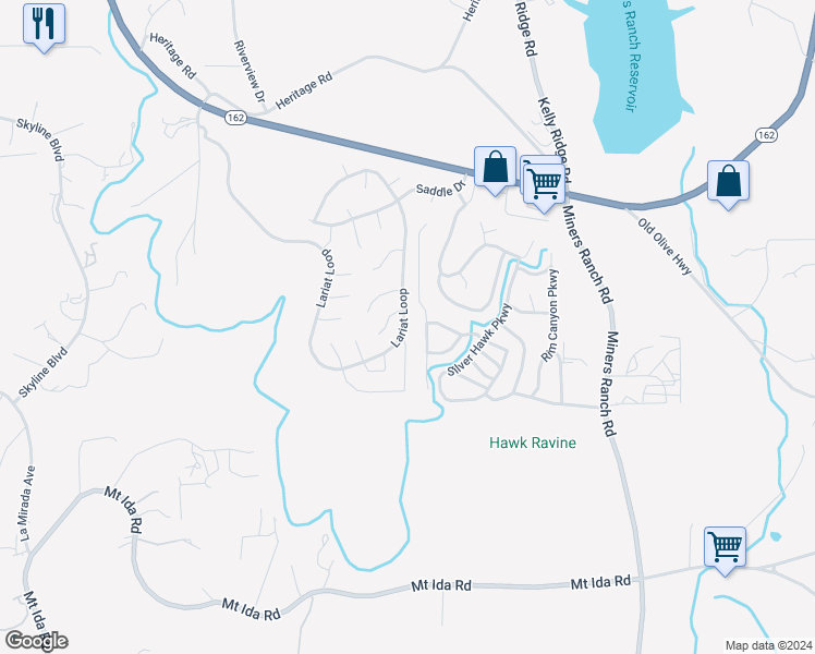 map of restaurants, bars, coffee shops, grocery stores, and more near 229 Lariat Loop in Oroville