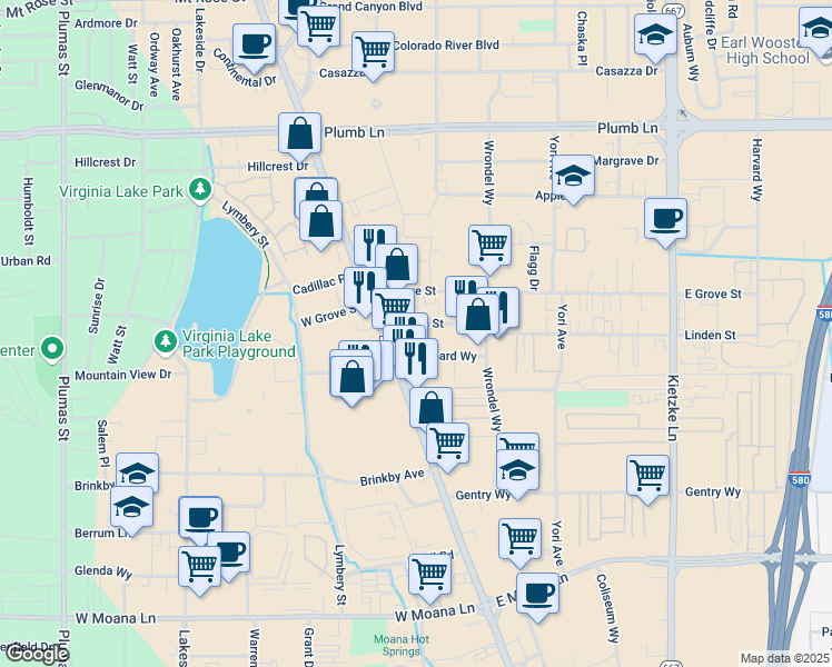 map of restaurants, bars, coffee shops, grocery stores, and more near 85 Hubbard Way in Reno