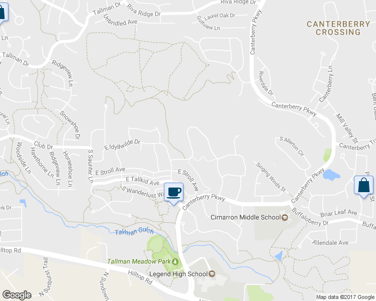 map of restaurants, bars, coffee shops, grocery stores, and more near 11930 South Meander Way in Parker