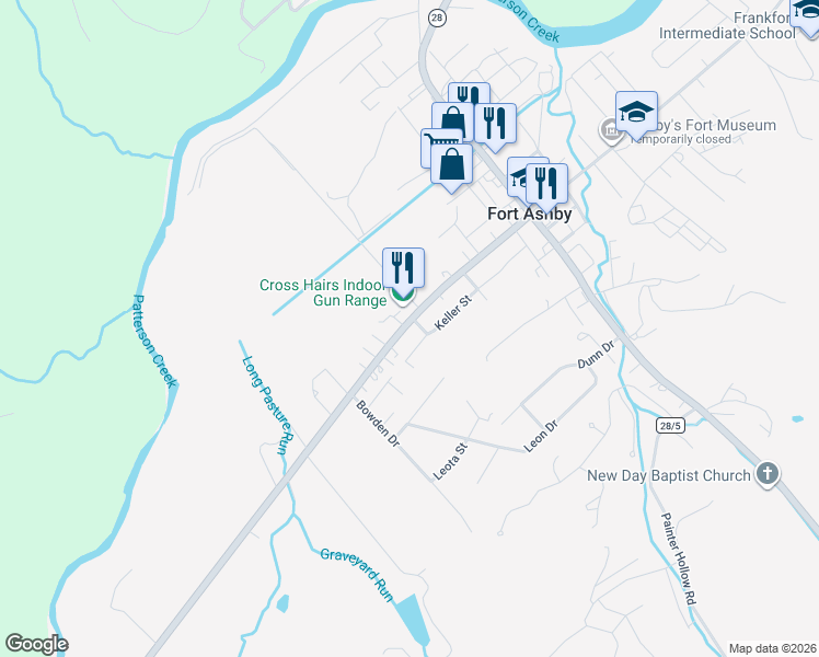 map of restaurants, bars, coffee shops, grocery stores, and more near 376 Fort Ashby Bridge Road in Fort Ashby