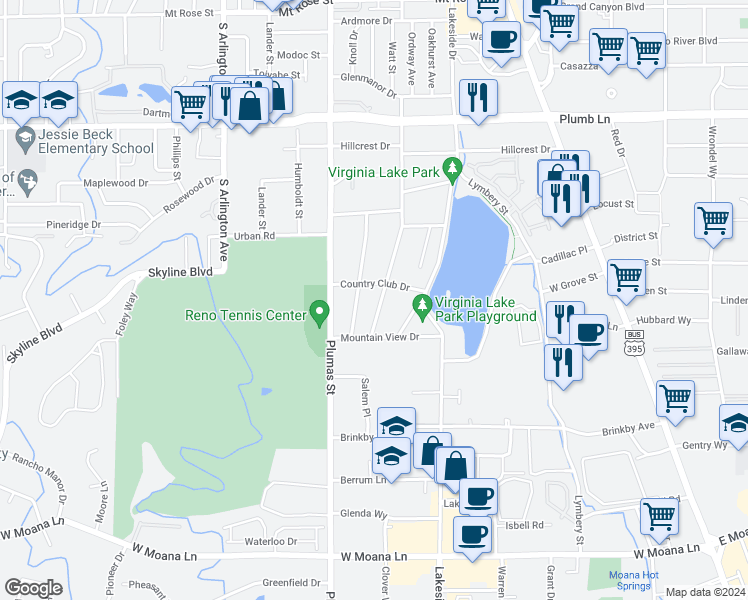 map of restaurants, bars, coffee shops, grocery stores, and more near 2335 Watt Street in Reno