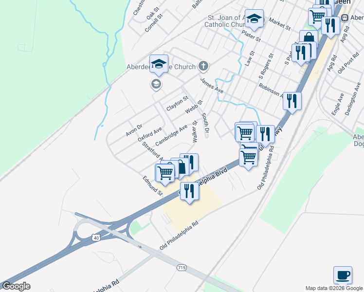 map of restaurants, bars, coffee shops, grocery stores, and more near 711 Nottingham Drive in Aberdeen