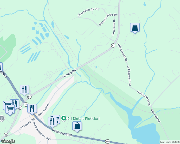 map of restaurants, bars, coffee shops, grocery stores, and more near 2601 Emory Road in Finksburg