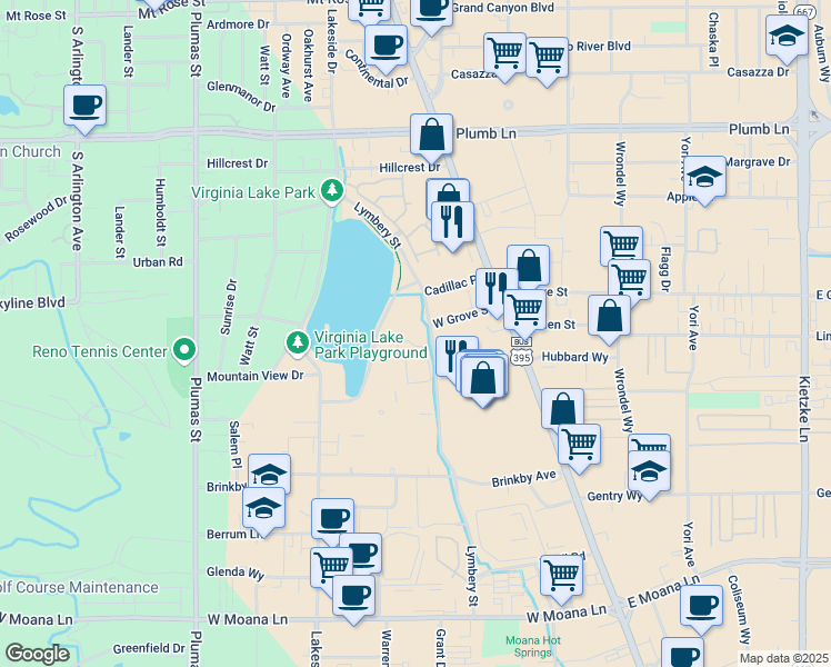 map of restaurants, bars, coffee shops, grocery stores, and more near 2490 Eastshore Place in Reno