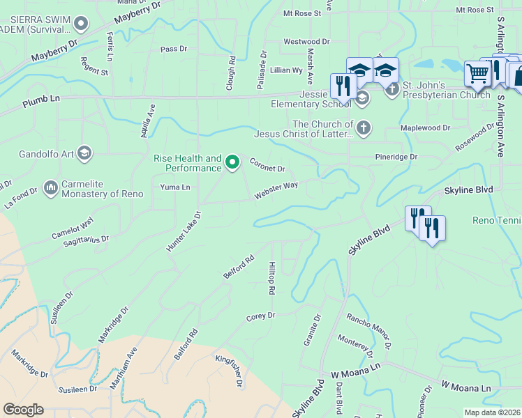 map of restaurants, bars, coffee shops, grocery stores, and more near 2390 Barnes Circle in Reno