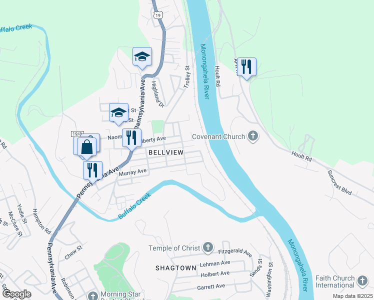 map of restaurants, bars, coffee shops, grocery stores, and more near 402 Bellview Avenue in Fairmont